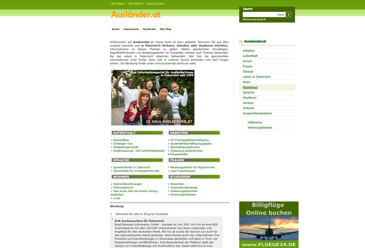 Startseite von auslaender.at im Jahr 2010