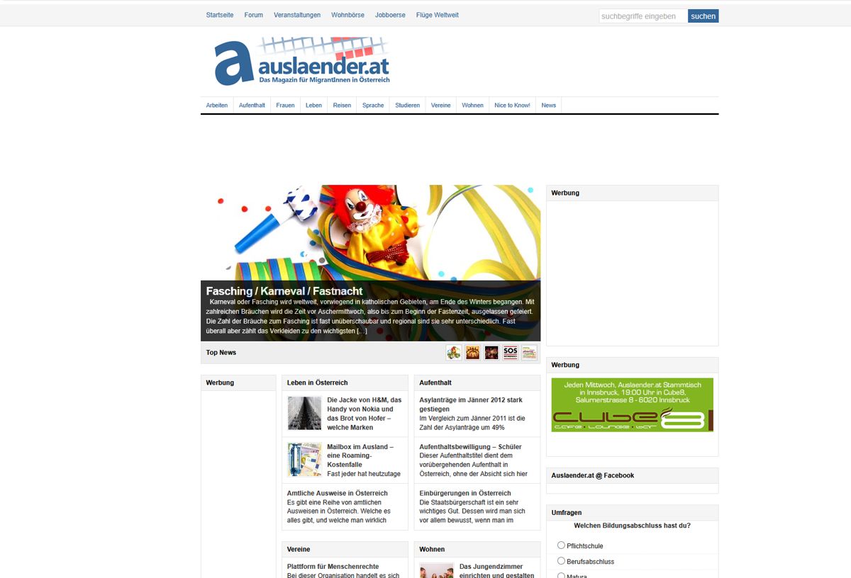 Startseite von auslaender.at im Jahr 2014